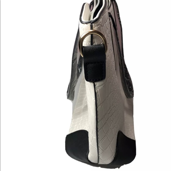 White Black Faux Leather Croc Satchel Handbag Set - Picture 5 of 6